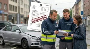 Zwei Experten von Dein KFZ Sachverständiger im Gespräch mit einer Kundin an einem Unfallort. Im Vordergrund ist ein beschädigter silberner PKW zu sehen, im Hintergrund ist ein Dokument mit dem Stempel UNABHÄNGIG eingeblendet.