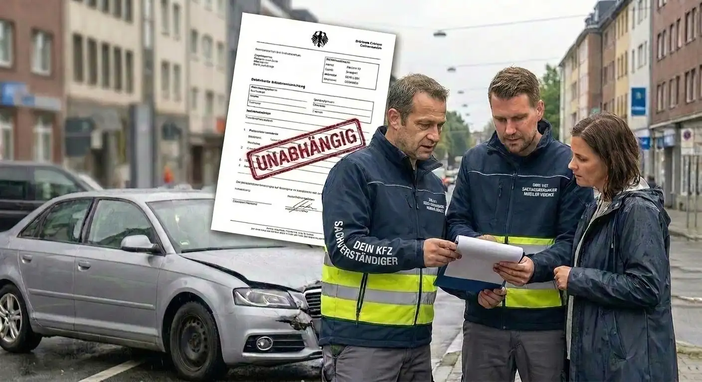 Zwei Experten von Dein KFZ Sachverständiger im Gespräch mit einer Kundin an einem Unfallort. Im Vordergrund ist ein beschädigter silberner PKW zu sehen, im Hintergrund ist ein Dokument mit dem Stempel UNABHÄNGIG eingeblendet.