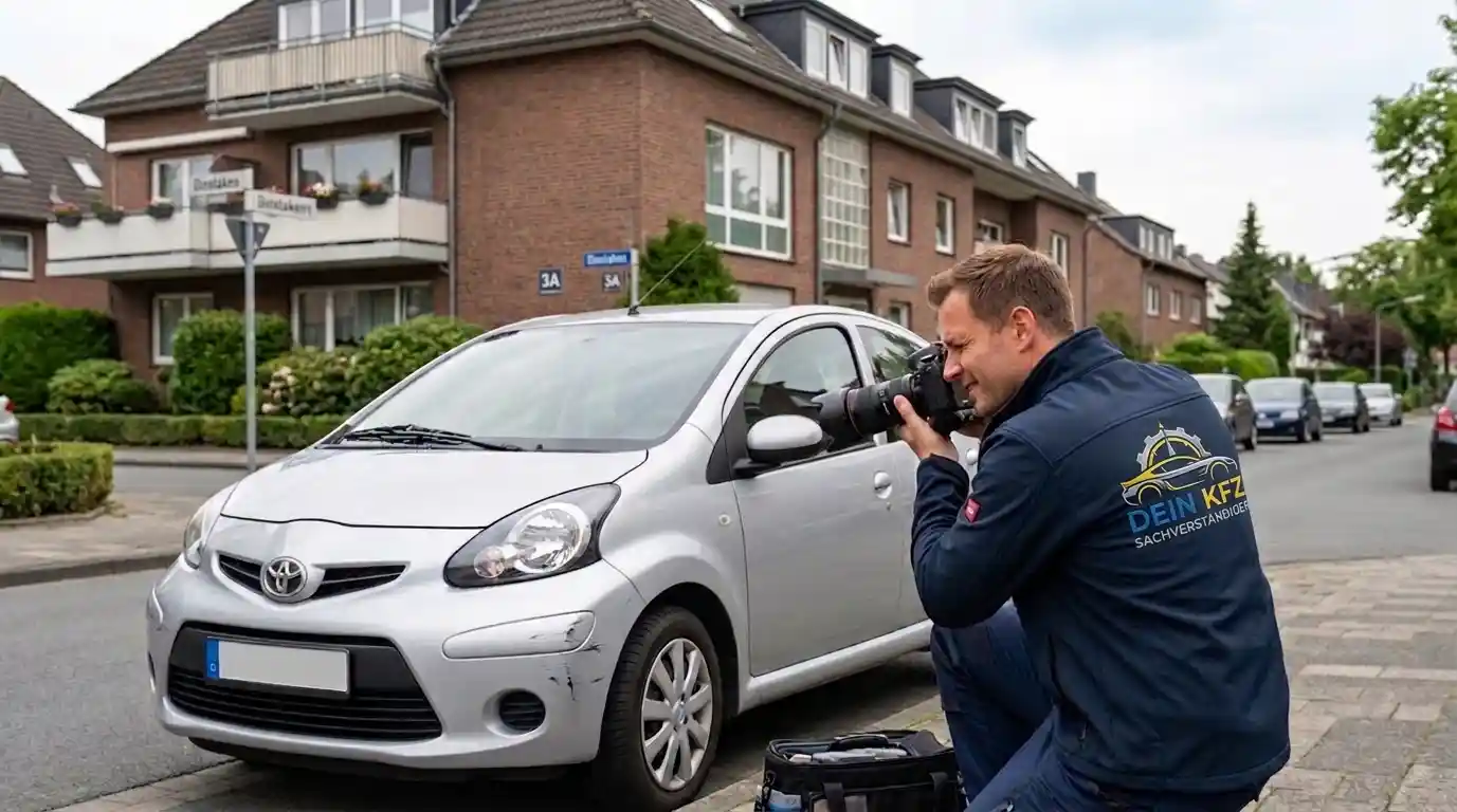 Ein Experte von "Dein KFZ Sachverständiger" kniet in einer Wohnstraße in Dinslaken neben einem silbernen Toyota Aygo. Er nutzt eine professionelle Kamera, um einen Parkschaden an der vorderen Stoßstange für ein Gutachten zu dokumentieren. Im Hintergrund ist typische Dinslakener Wohnbebauung zu sehen.